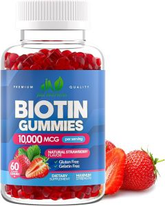 Kẹo dẻo Biotin 10.000mcg cho phụ nữ & nam giới - Biotin cường độ gấp đôi cho sự phát triển tóc da & móng - Không chứa gluten thuần chay không biến đổi gen hương vị dâu tây ngon - 60 kẹo dẻo