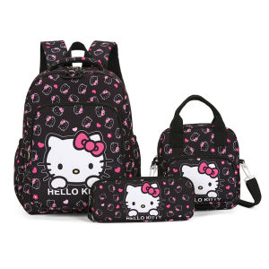 Christmas Gift Halloween Sanrio Student Backpack Set Hello Kitty Kawaii Anime Fashion Pencil Case Lunch Bag Zero Wallet 3-Piece Set School Opens Gift New