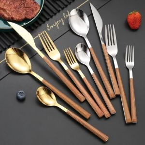 Imitation Coffee Fruit Dessert Cutlery 1 Set Stainless Steel Tableware with Wood Handle Knife Spoon Fork