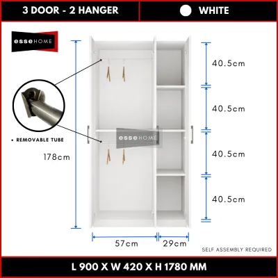 [178CM] EsseHome 3 Door Wardrobe Cabinet Cupboard Storage Almari Baju
