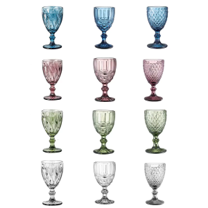 Wine Glass Colored Goblet Vintage Pattern Embossed Goblets for Party Wedding