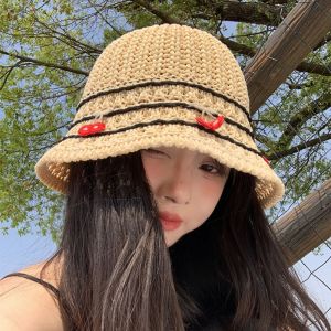 OKKFINE Cherry Straw Hat Wide Brim Sun Protection Woven Hat Fashion Foldable Sunscreen Hat Seaside Beach