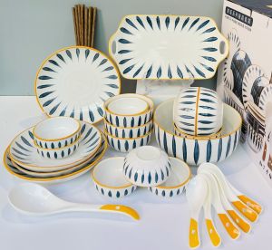 (BÁN LẺ) Bộ bát đĩa sứ viền vàng phẩy trúc giá rẻ bát đĩa decor phong cách Nhật Bản