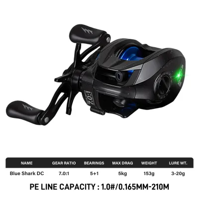 SeaHunter Blue Shark DC Baitcasting Reel Pancing Digital Control Anti Backlash 7.0:1 5+1BB Drag 5kg CNC Aluminum Spool