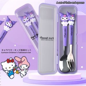 Set 2 Thìa Dĩa Inox Hoạ Tiết Kuromi Melody Cún Trắng Cún Vàng Kitty Có Hộp Bảo Quản Tiện Lợi