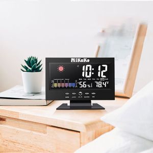 Đồng hồ thời tiết Mikako với màn hình kỹ thuật số hiển thị giờ ngày nhiệt độ độ ẩm và các biểu tượng thời tiết.