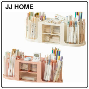 【JJ HOME】2-in-1 Desk Storage Drawer Box | Dual 360° Rotating Pen Holder Organizer | Desk Stationery Organizer