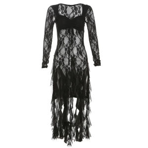 ใหม่ เสื้อผ้าผู้หญิงฤดูใบไม้ร่วงและฤดูหนาว เซ็กซี่ ดีไซน์ลูกไม้บริสุทธิ์ คอเหลี่ยมโปร่ง เสื้อฟังก์