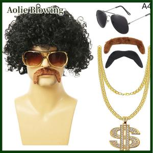 Aolie 1 Set Mens Black Short Curly Synthetic Cosplay Wig Brown 70s 80s Disco Mustache Chain Halloween Costume Party Wig