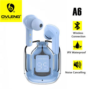 A6 TWS Wireless Headset Transparent LED Power Stereo Sound Bluetooth Noise Reduction Gaming Earphone