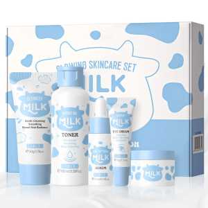 Skin Care Set 5pc Milk Skin Care Routine Kit Women Gift Milk Cleanser Toner Serum Eye Cream Face Cream Mom Daughter Wife
