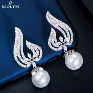 SEQUITO Delicate Bridal Jewelry Accessories White Gold Color Micro Pave Bling AAA Zirconia Wing Shape Symmetric Long Pearl Pendant Drop Wedding Party Earrings SE756
