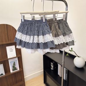 COD plaid cake skirt womens spring new puffy short skirt elastic waist lace splicing A-shaped skirt 99132026 new product