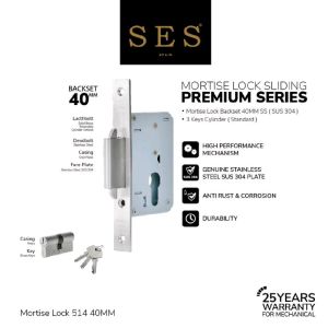 Body Kunci Pintu Geser - Mortise Lock SES 514-40mm SS Sus 304