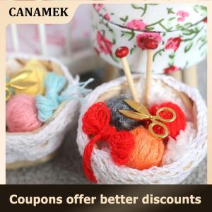 【 CANAMEK 】 1:12 Dollhouse Miniature Bamboo Basket Braided Yarn Ball Needle Balls Scissors Sweater Knitting Tool Basket Home Model Decor