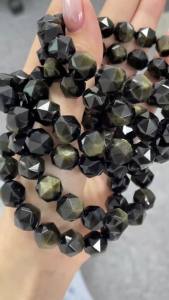 Natural Gold Obsidian Triangle Faceted Round Beads Bracelet 9.5mm-10mm/11.5mm-12mm