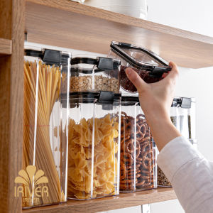iriver【PET Food Grade Materials】Yellow Cereal Storage Container Airtight Food Fresh Box Square Clear Sealed Jar Food Sacks Dispenser 460/700/1300/1800ML pasta container organizer