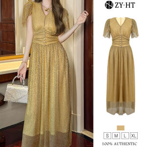 ZYHT EraVogue เดรสผู้หญิง เดรสสีทอง เดรสทรงเอ เดรสคอวี เดรสทำงาน เดรสไฮโซ เดรสวินเทจ เดรสออกงาน เดรสปาร์ตี้ ชุดราตรี 21243