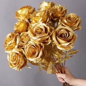 YUNAFIN 1pc Silk Rose Simulated Rose Bouquet DIY Floral Materials Gold Artificial Flowers Creative Soft Home Decoration Valentines Day Gift
