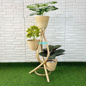 Standing Pot Tanaman Rotan Susun Tiga Model Zigzag + Bundling 3 Tanaman Artificial Dekorasi Cafe Aesthetic
