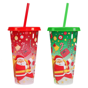 Holiday Party Plastic Cup 710ml Recyclable Color Altering Cold Activated Glass With Straw For Donations