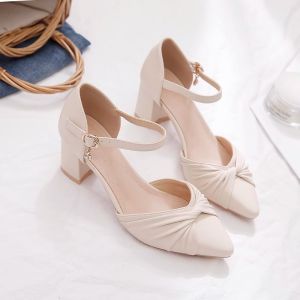 2026 New Pointed Toe Chunky Heel Sandals With Single Strap Buckle Versatile Mid-Heel Soft Leather Elegant Fashion Shoes