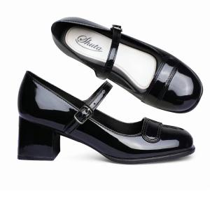 Womens black shoes stylish non-slip glossy black shoes rubber non-slip black shoes high-quality womens work black shoes waterproof elegant and fashionable student black shoes 0110523