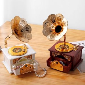 JIANZ European-style Gramophone Model Music Box Gramophone Model Phonograph Shape Retro Gramophone Drawer Music Box Classical Office Decoration Classical Phonograph Drawer Music Box Office Decor