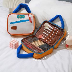 YOYO CHARMING Large Capacity Contrasting Colors Cosmetic Bag Korean Style Cotton Stuffed Handle Travel Wash Bag Ins Handbag Makeup Pouch Bag Travel