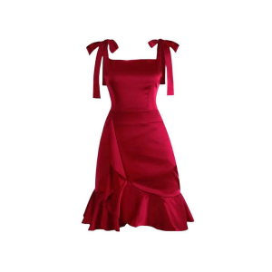 เดรสสั้นออกงาน ชุดปีใหม่ มีสายผูกไหล่หรือคล้องคอได้ ด้านหน้าขวาแต่งระบายริ้วจากเอวถึงชายกระโปรง เดรสคริสต์มาส #9727