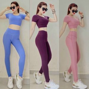 Đồ tập gym nữ bộ tập gym yoga nữ dáng đẹp quần dài áo có tay chất vải co giãn thấm hút mồ hôi tốt ( bộ cộc tay)