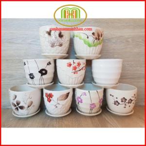 Chậu men sứ mini trồng cây có kèm dĩa đẹp trồng cây để bàn làm việc Minh Hân Garden