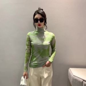 AMMIN เสื้อยืดแขนยาวสำหรับผู้หญิงตาข่ายเพิ่มขนาดสไตล์เกาหลีพิมพ์ลายกราฟฟิตี้แขนพองพิมพ์ลายย้อมสีแฟชั่นเรียบง่ายสำหรับฤดูใบไม้ผลิ/ฤดูร้อนเสื้อสำหรับผู้หญิงลำลอง2024