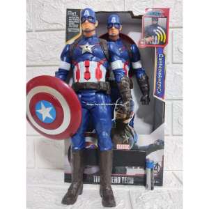 Captain America Action Figure with Shield and Accessories. Blue costume with star emblem red and white stripes brown boots and shield. Displayed in branded packaging.