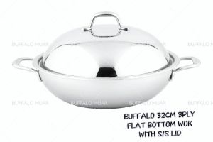 TTHUAN BUFFALO 28CM | 32CM SUS304 3PLY HONEYCOMB WOK FLAT BOTTOM WOK WITH S/S LID (NO COATING) 牛头牌28cm | 32cm不含涂层蜂巢锅 (BY12 | BY13)