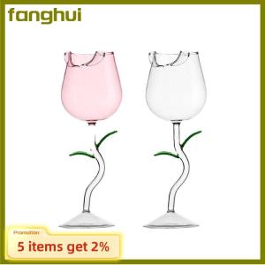 fanghui แก้วไวน์แดงรูปกุหลาบแก้วไวน์รูปกุหลาบพร้อมใบกุหลาบสี150 400มล. ถ้วยค็อกเทลไวน์แดงทรงกุหลาบ