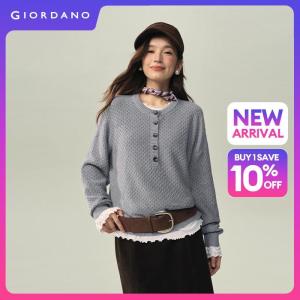 GIORDANO Women Sweaters 100% Cotton Honeycomb Knit Sweaters Drop Shoulder Half Button Fashionable Casual Loose Sweaters 18356617