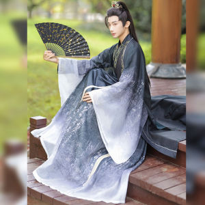FE Original Hanfu Calligraphy Mens Black Style Wei and Jin Style Printing Elegant Chivalrous Ancient Costume Student Martial Arts Suit Chinese Style 1.14