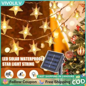 VIVOLILV Solar String Lights Christmas Lights  Star Fairy Lamps Outdoor Waterproof Patio Light For Garden Wedding Party Decorations Bulb Strip Lighting Wreath Xmas Tree