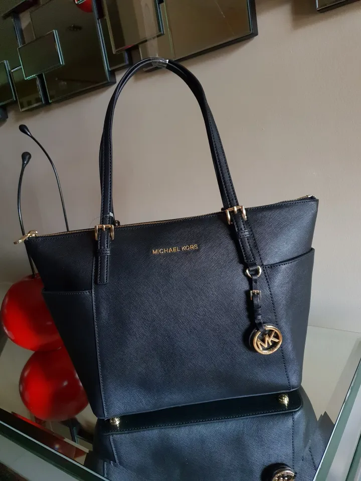 Authentic Michael Kors Jet Set Crossgrain Medium Pocketed Top Zip Classic Leather Tote Bag Black Lazada PH