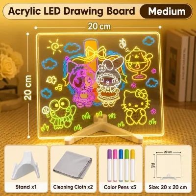 LED Luminous Drawing Board for Kids Acrylic Fluorescent Board with 7 Color Pens Erasable Writing Board DIY Puzzle Toy Gift Night Light Message Board