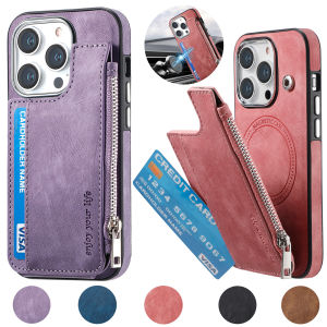 Wireless Charging Magnetic Zipper Wallet Leather Case For iPhone 14 Pro Max 13 12 For Magsafe Card Solt Coin Purse Bag Cover