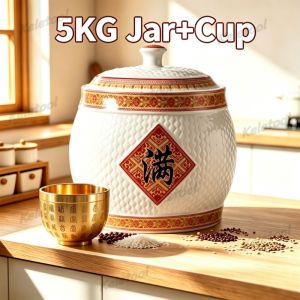 Jingdezhen Ceramic Rice Jar With Lid Household Rice Can Rice Barrel Rice Storage Pot Moisture Proof and Insect Proof Grain Storage Container 5kg/10kg