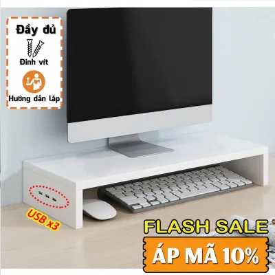 Kệ máy tính gỗ để bàn giá đỡ laptop nâng pc 1 2 tầng trắng kệ màn hình decor bàn học kê vi tính TopV