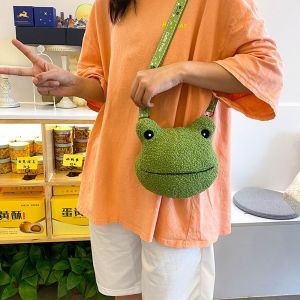 MOCCASINA Student Soft Funny Green Frog Cute Shoulder Bag Plush Doll Frog Messenger Bag Shopper Bag