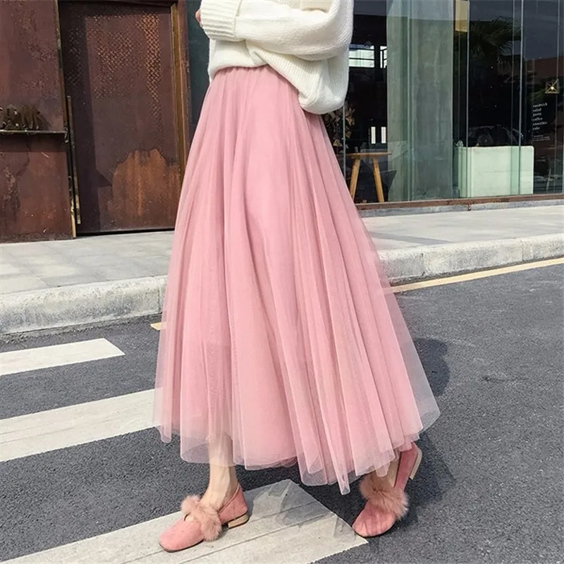 Plus Size High Waist Tulle Skirts Womens Long Pleated Skirt Black Pink  Elegant Maxi Skirt Female Spring Summer Korean Mesh Skirt