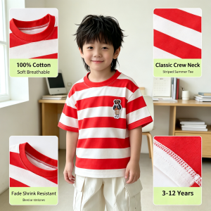 AILEBE Kids Tshirt 100% Cotton Striped Short Sleeve Tee Soft Breathable Skin-Friendly Summer Top Classic Crew Neck Regular Fit Fade Shrink Resistant All-Day Comfort Perfect For Daily OOTD Pambahay Boys Girls 3-12 Years