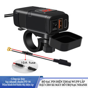 Bộ sạc pin điện thoại Wupp lắp đặt cho xe máy hỗ trợ sạc nhanh chuẩn PD 30W kết hợp màn hình led hiển thị điện áp ắc quy