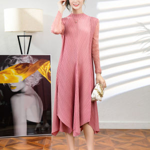 Miyake xếp li trẻ thời trang giảm béo Đầm midi thanh lịch màu trơn cổ tròn 90320