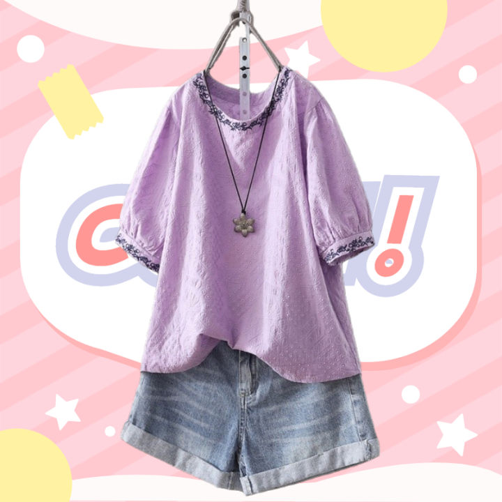 Fomi 💐เสื้อแฟชั่นคอกลมแขนตุ๊กตา🧸 ลายลูกไม้ทั้งตัว ปักลายตรงคอเสื้อกับ ...